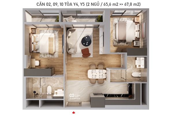 CĂN 09 TÒA Y5 (2 NGỦ / 64,9 m2) The Continental Imperia Signature Cổ Loa