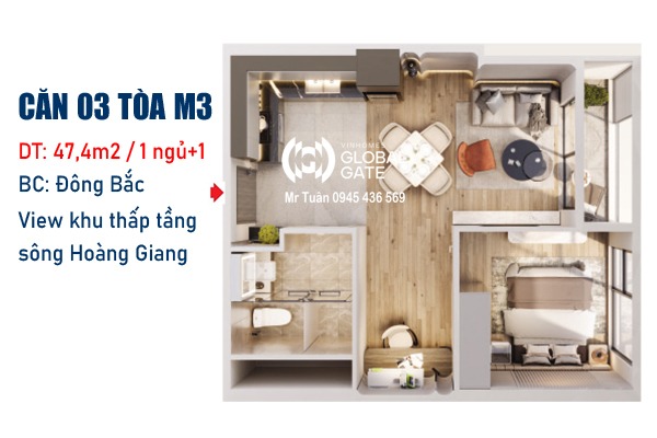 M3-xx-03 | CĂN 03 TÒA M3 - THÁP MADISON (47,4m2 / 1 NGỦ+ / BC: ĐÔNG BẮC, MẶT SẢNH)
