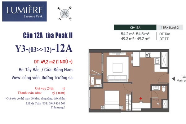 Y3-xx-12A | Căn 12A tòa Y3 LUMIÈRE Essence Peak II