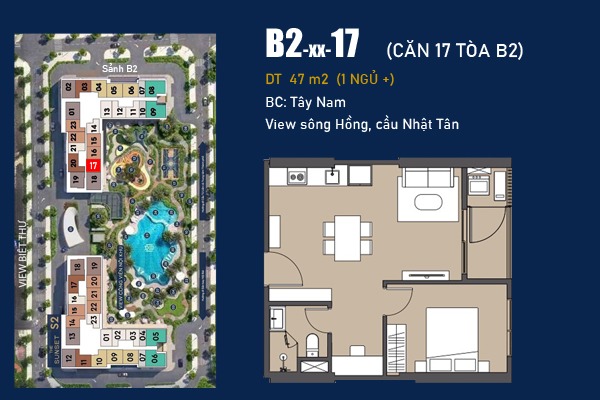 B2-xx-17 (1 NGỦ+ / 47 m2) BC: TÂY NAM, VIEW CÔNG VIÊN