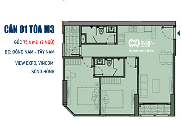 M3-xx-01 | CĂN GÓC 01 TÒA M3 (75,4m2 / 2 NGỦ / BC: ĐÔNG NAM - TÂY NAM, VIEW EXPO)