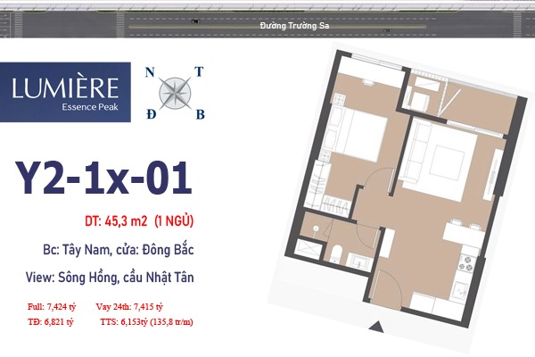 ESENCE PEAK Cổ Loa | CĂN 01 TÒA Y2 (45,3m2 / 1NGỦ, VIEW SÔNG HỒNG)