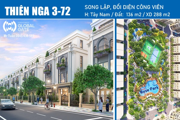 THIÊN NGA 3-72 | SONG LẬP, ĐỐI DIỆN CÔNG VIÊN ROSE PARK, VIN CỔ LOA