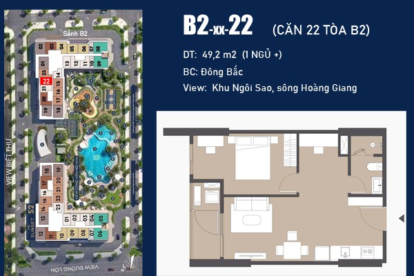 B2-xx-21 (42 m2) | B2-xx-22 (49,2 m2) BC: ĐÔNG BẮC