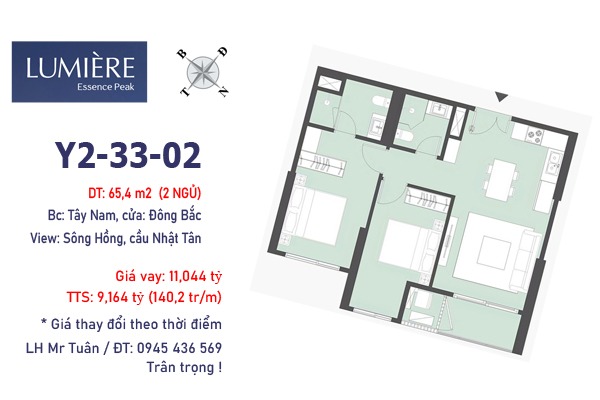 Y2-33-02 (Căn 65,4m2 | 02 ngủ | View sông Hồng | 140,2 triệu/m2