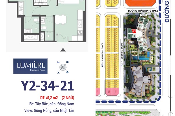 Y2-34-21 Căn 2 ngủ, view sông Hồng, cầu Nhật Tân. Vin Cổ Loa