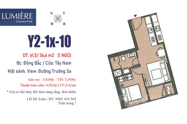 Y2-xx-10 CĂN 1 NGỦ, MẶT SẢNH | LUMIÈRE ESENCE PEAK